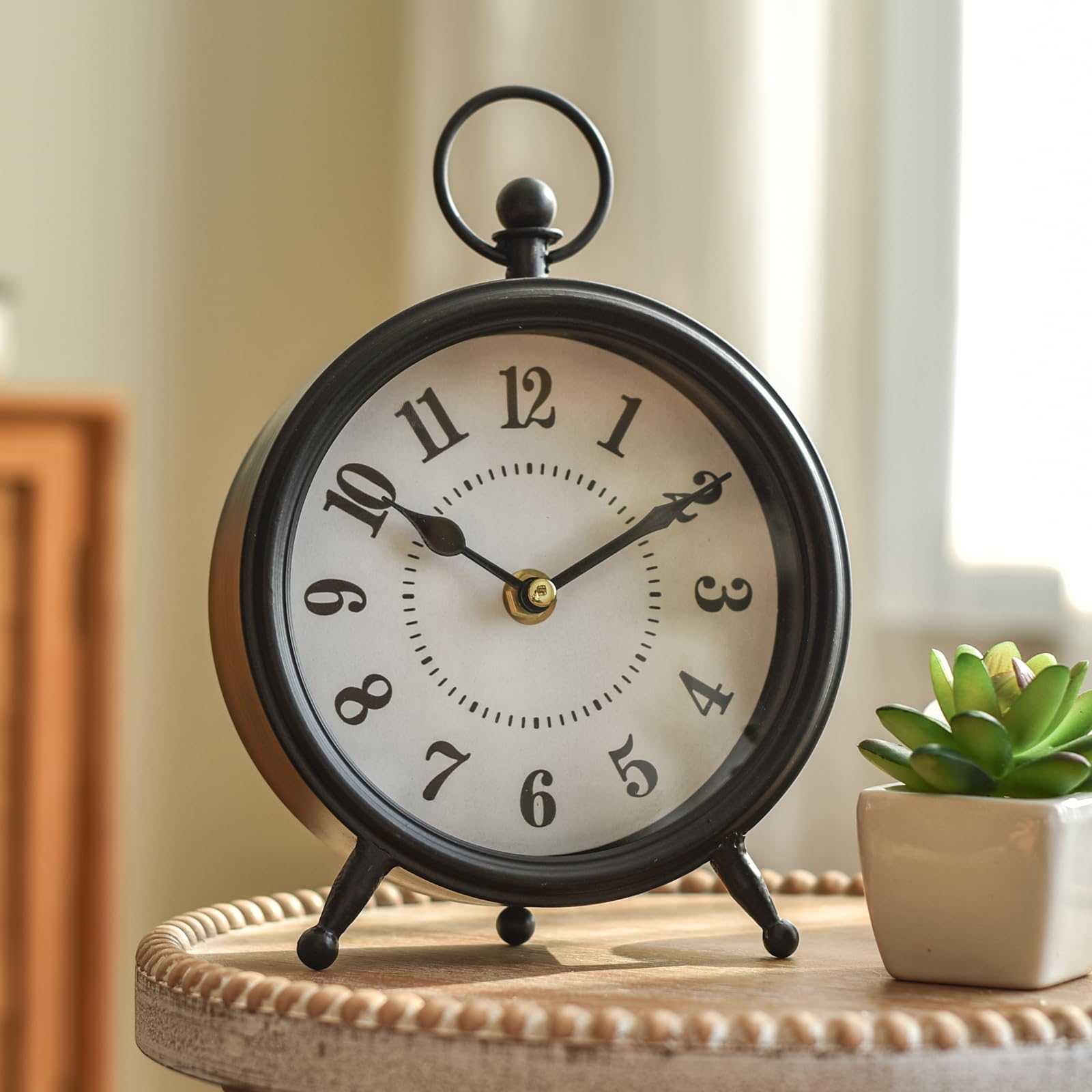 【廃盤品】ACME Furniture GLENN TABLE CLOCK Vintage Non-Ticking Black Table Clock with Stand, Decorative Clock